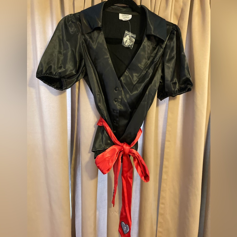 Unique Vintage Black Satin Blouse with Red Sash